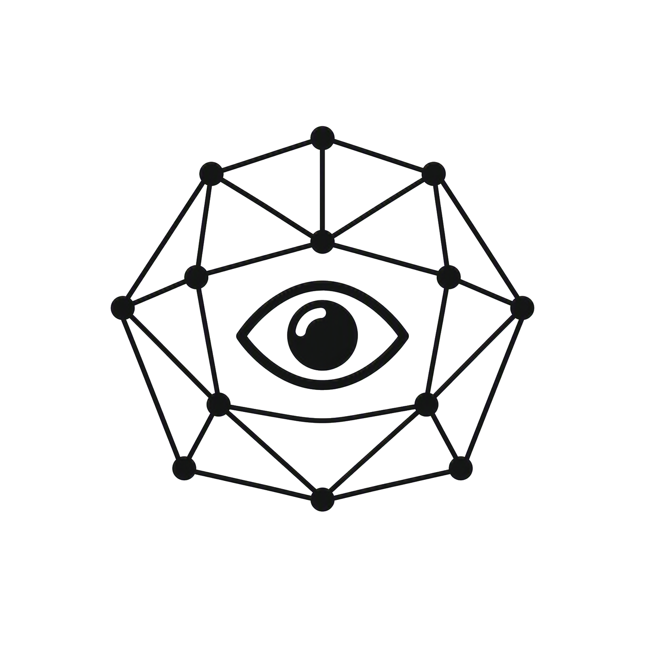 A black and white illustration of an eye inside a geometric network of interconnected lines and dots.