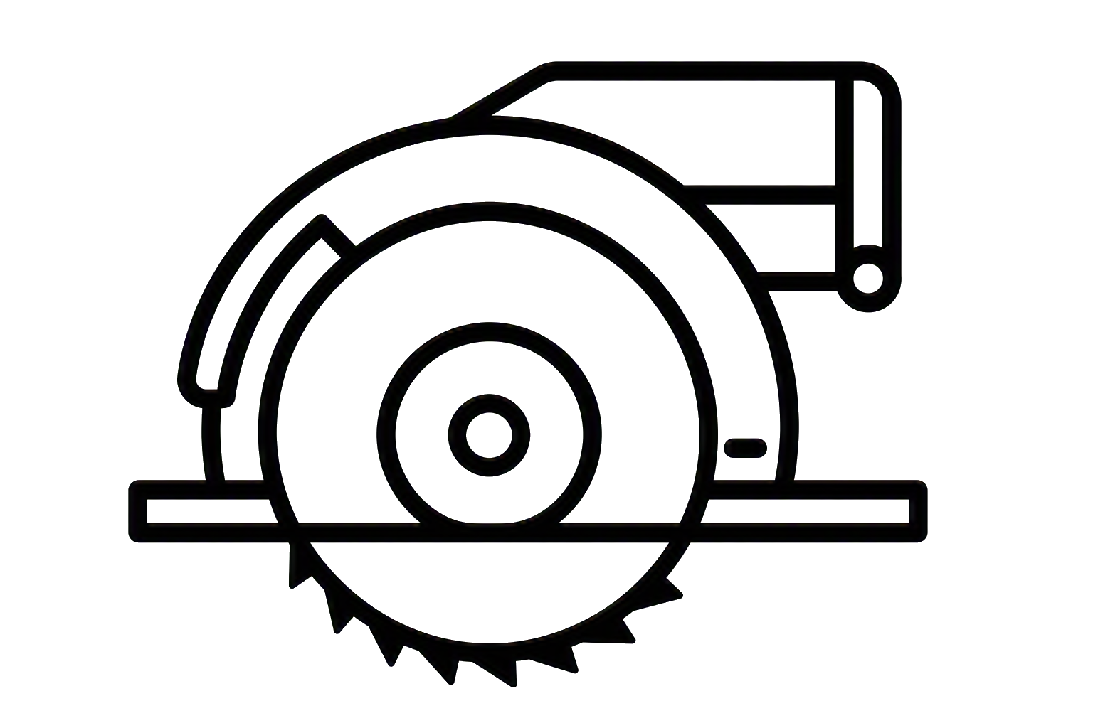 Line drawing of a circular saw with a large blade and a protective cover.