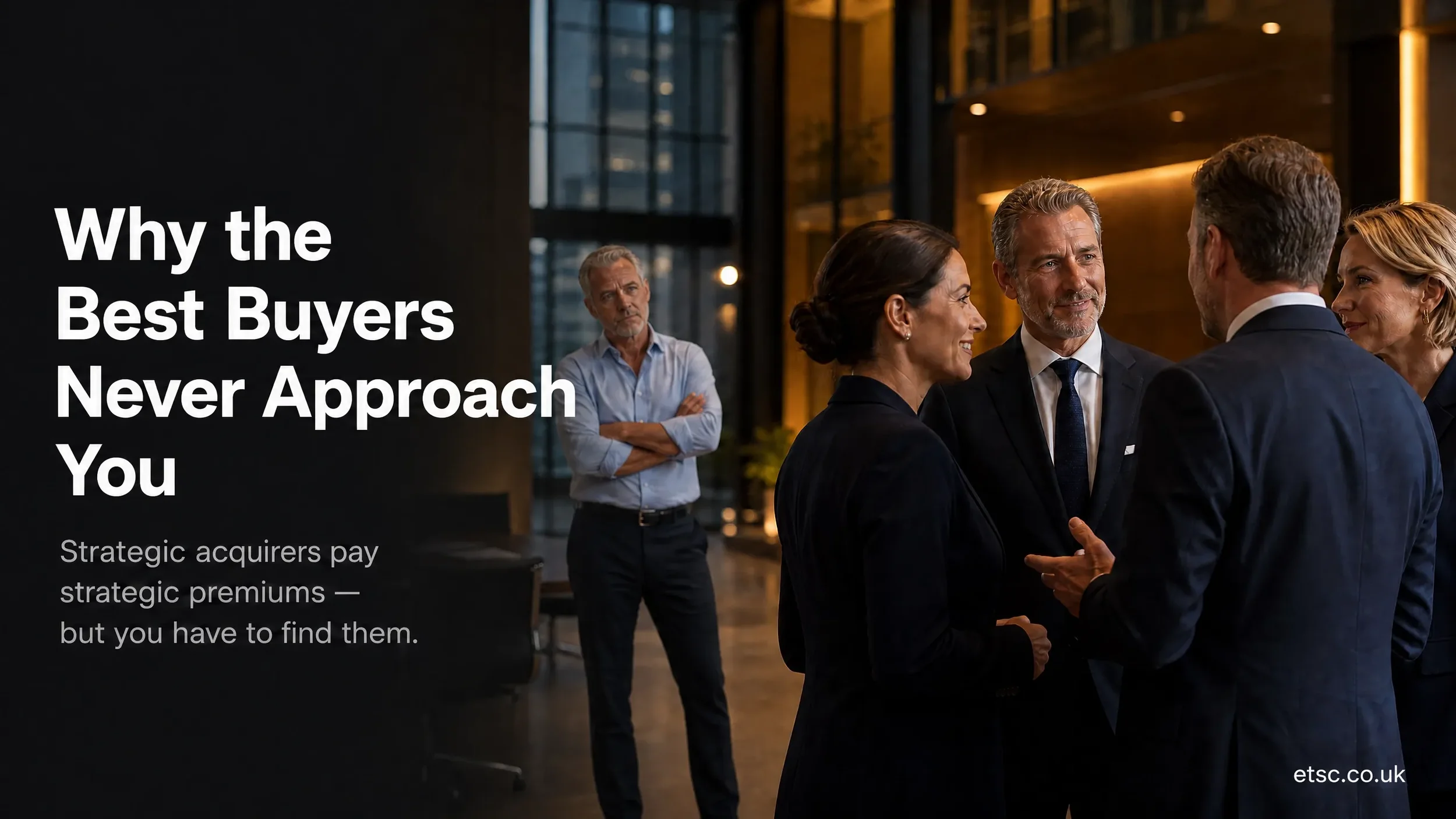 A group of confident strategic buyers in conversation in a modern boardroom, while a lone middle-aged business owner stands apart in the background looking uncertain — illustrating why the best buyers never approach you directly.