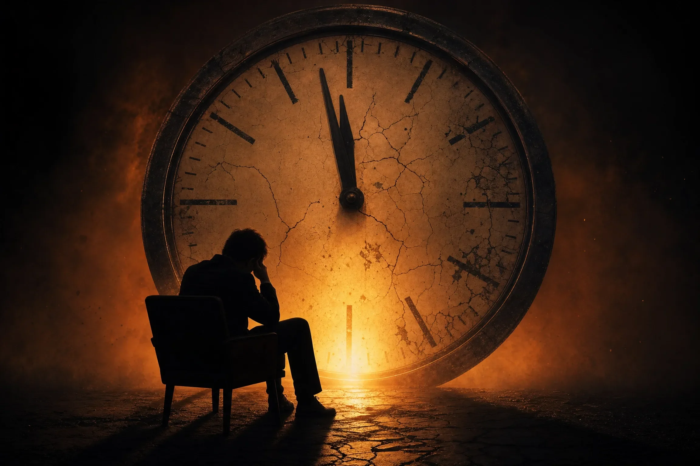 Silhouette of an exhausted business owner sitting in front of a cracked clock - the cost of leaving your exit too late