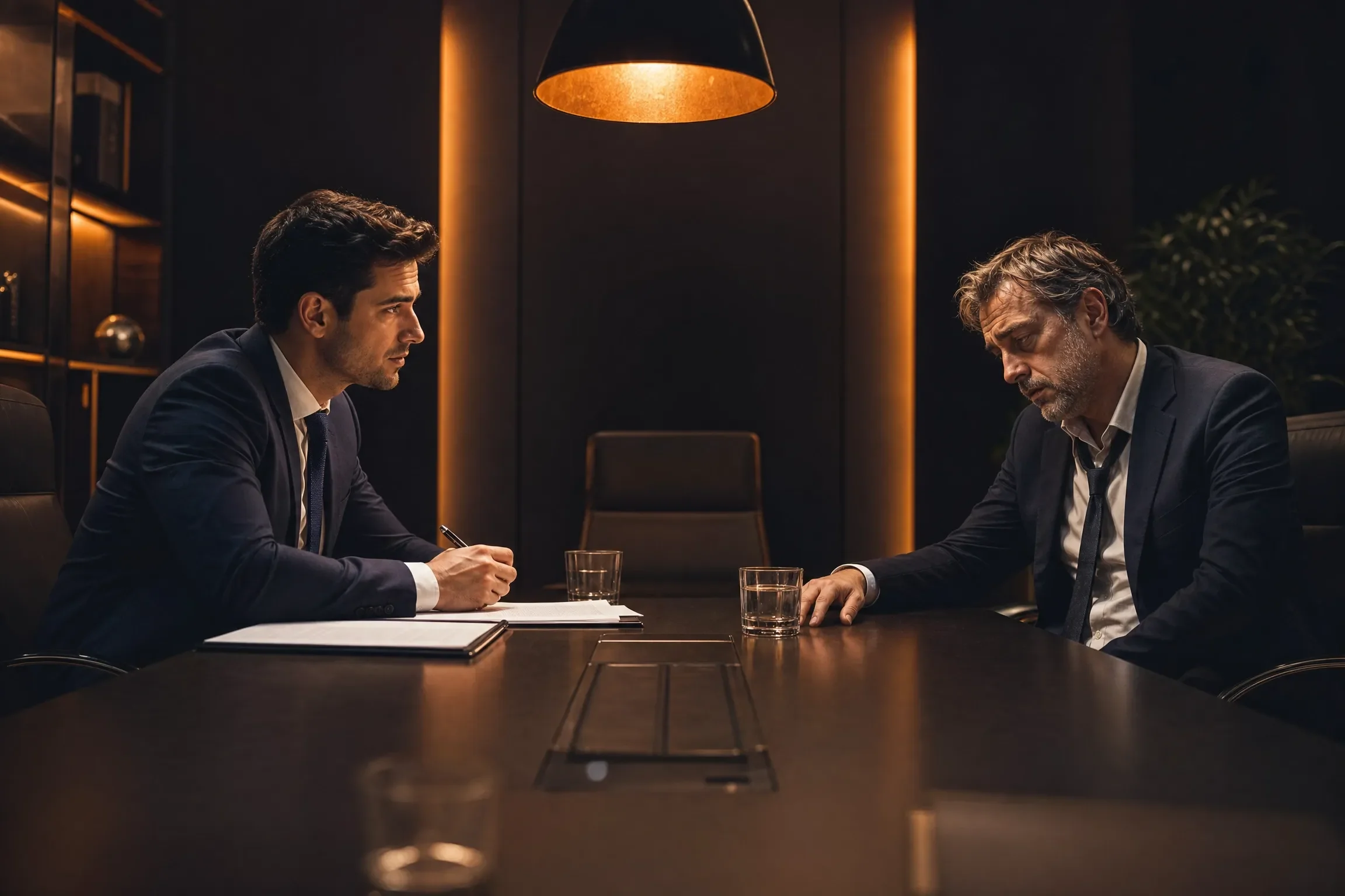 A focused buyer across the negotiating table from an exhausted business owner - the power dynamic in a sale process where the seller is burnt out