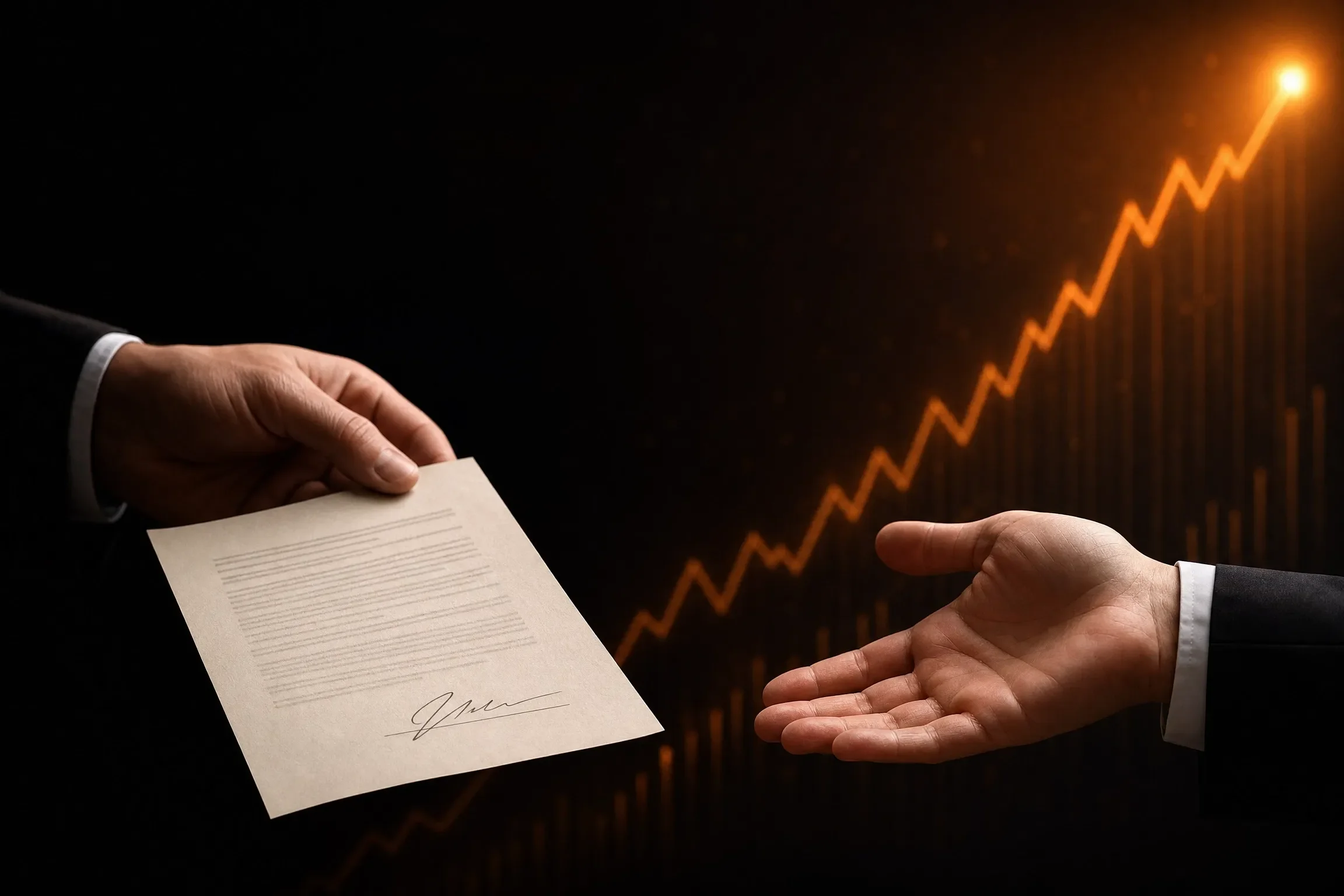 A signed document being handed over against a rising orange graph - the difference between a prepared and unprepared business exit