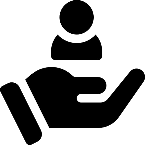 An icon of a person with an arm raised, inside a large hand symbol.