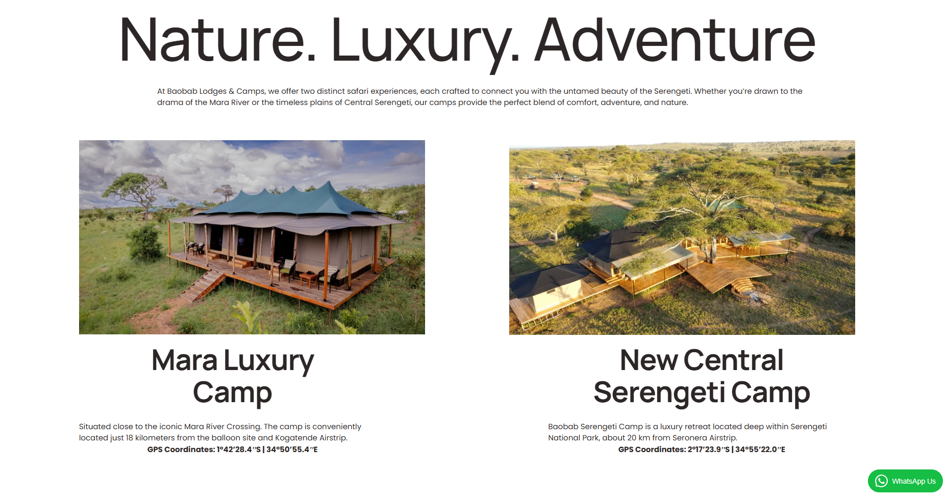 A promotional webpage for Baobab Lodges & Camps showcasing two safari accommodation options: Mara Luxury Camp with a raised tented structure, and New Central Serengeti Camp with multiple buildings and extensive wooden decks, both set in savannah landscapes.