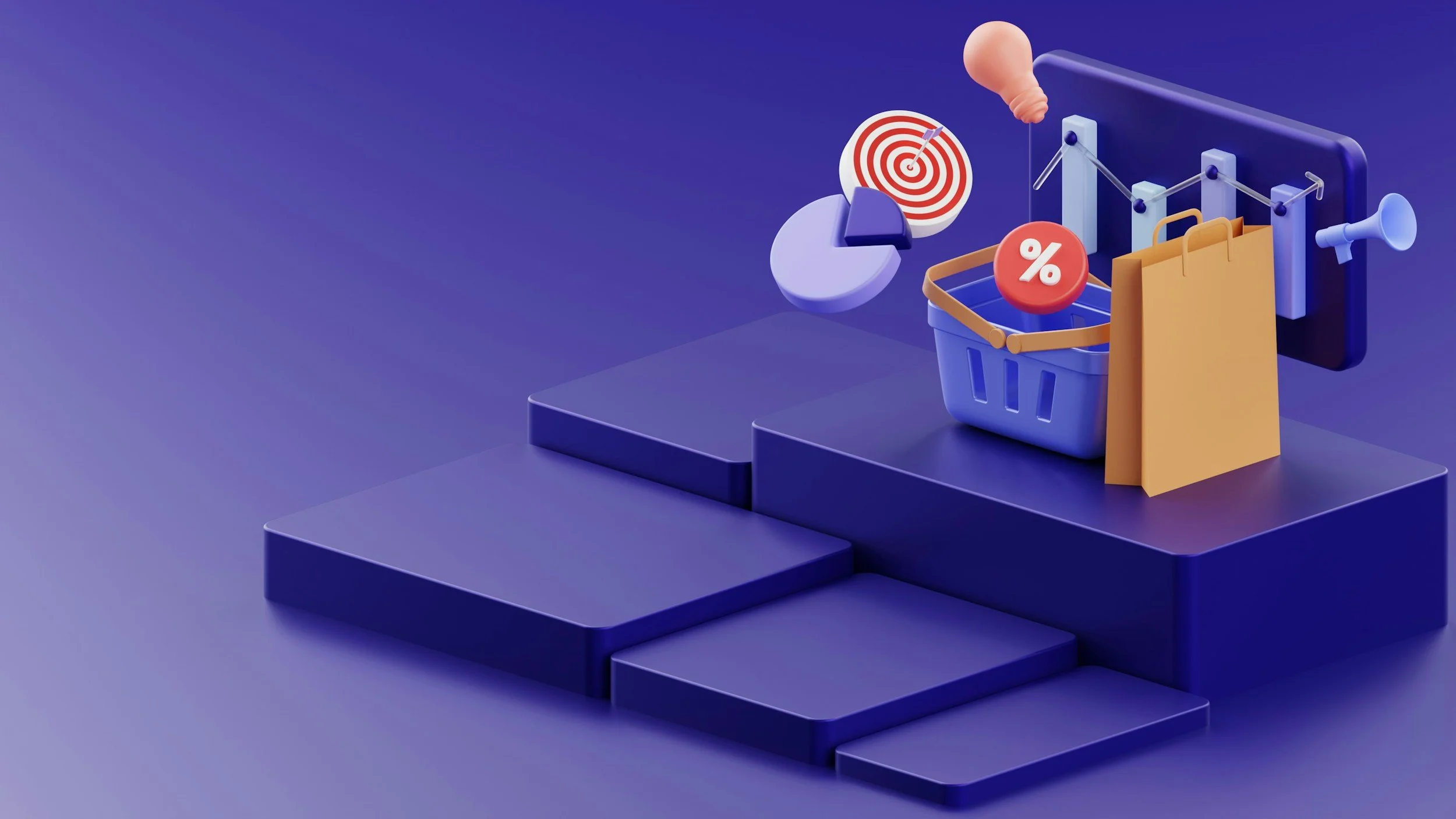 A 3D illustration showing a shopping cart with a percentage sign, a target with an arrow, a pie chart, and various marketing icons on a purple platform.