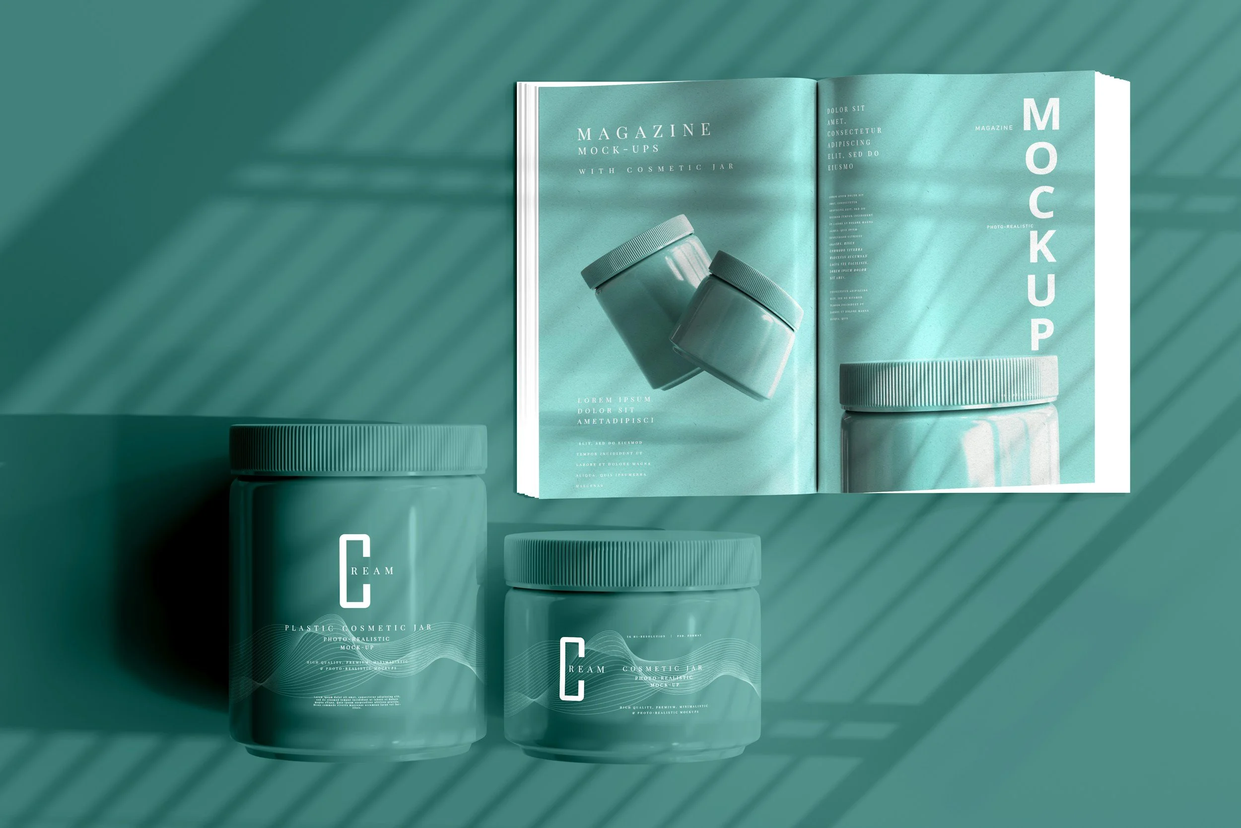 Open magazine showing images of cosmetic jars, with two jars in front and additional jars inside the magazine, all in teal color scheme with shadow patterns.