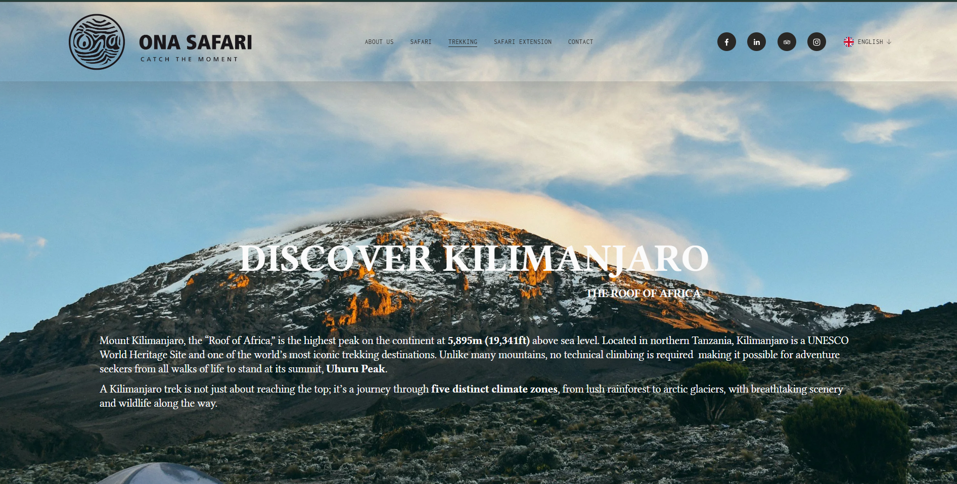 A mountain with a snow-capped peak under a partly cloudy sky, with text overlay about Kilimanjaro and a website header for Ona Safari.