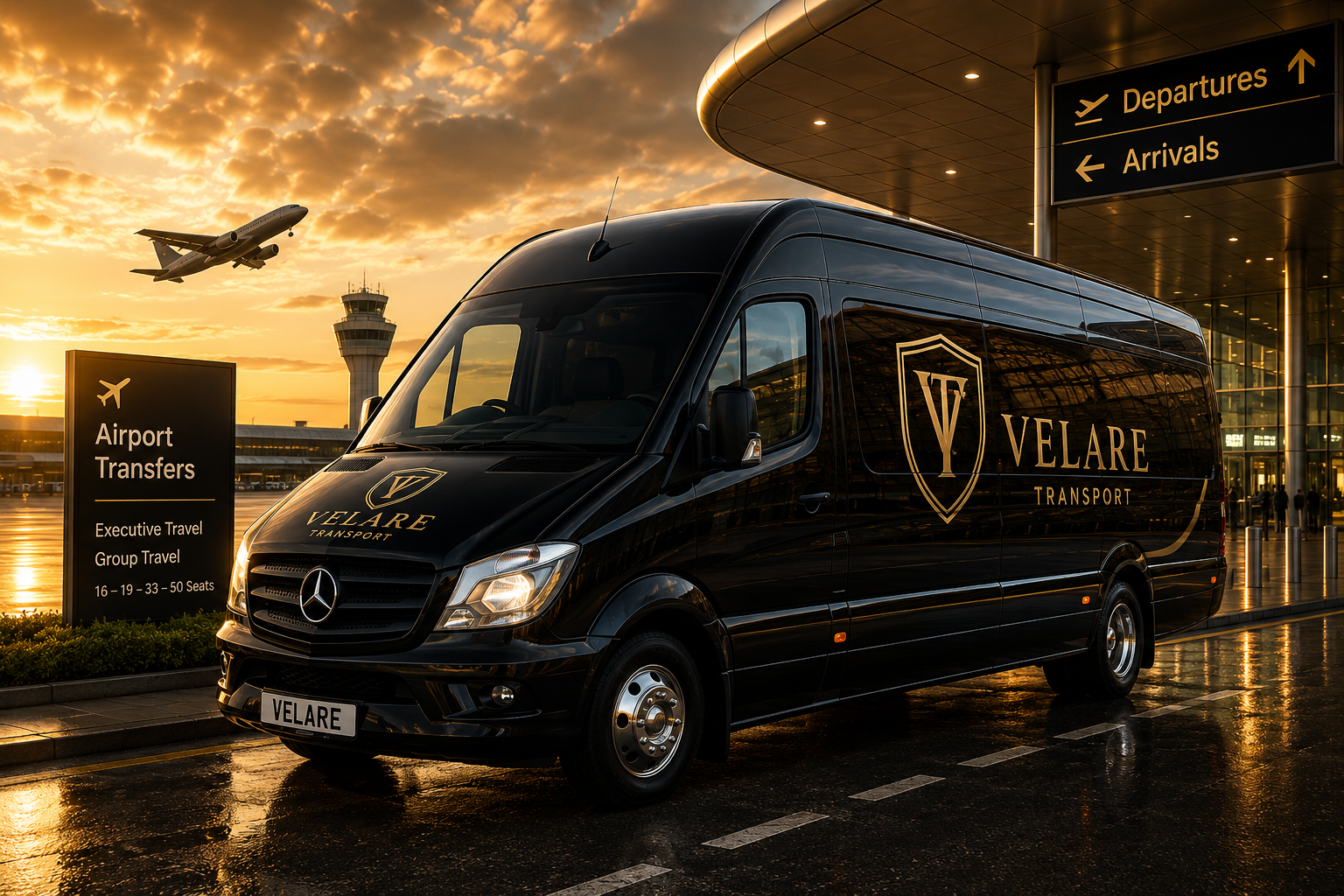 A black Velare Transport Mercedes-Benz van parked at an airport terminal at sunset, with an airplane flying in the sky and airport signs indicating departures, arrivals, and airport transfers.