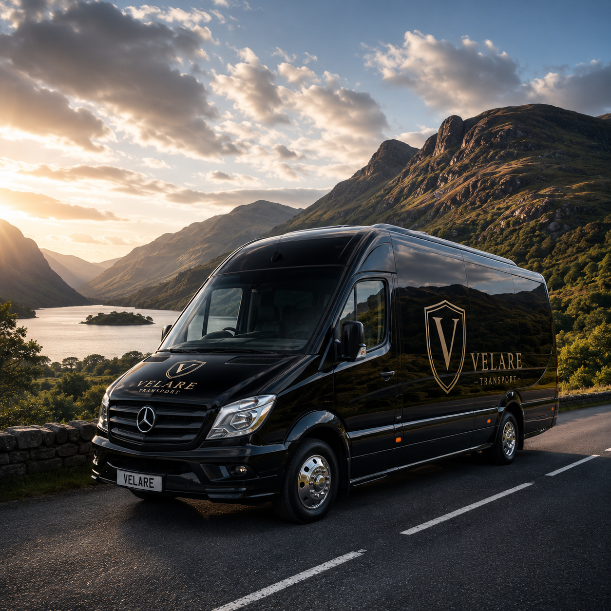 A black Mercedes-Benz van with Velare Transport logo parked on a road beside a scenic lake and mountains during sunset.