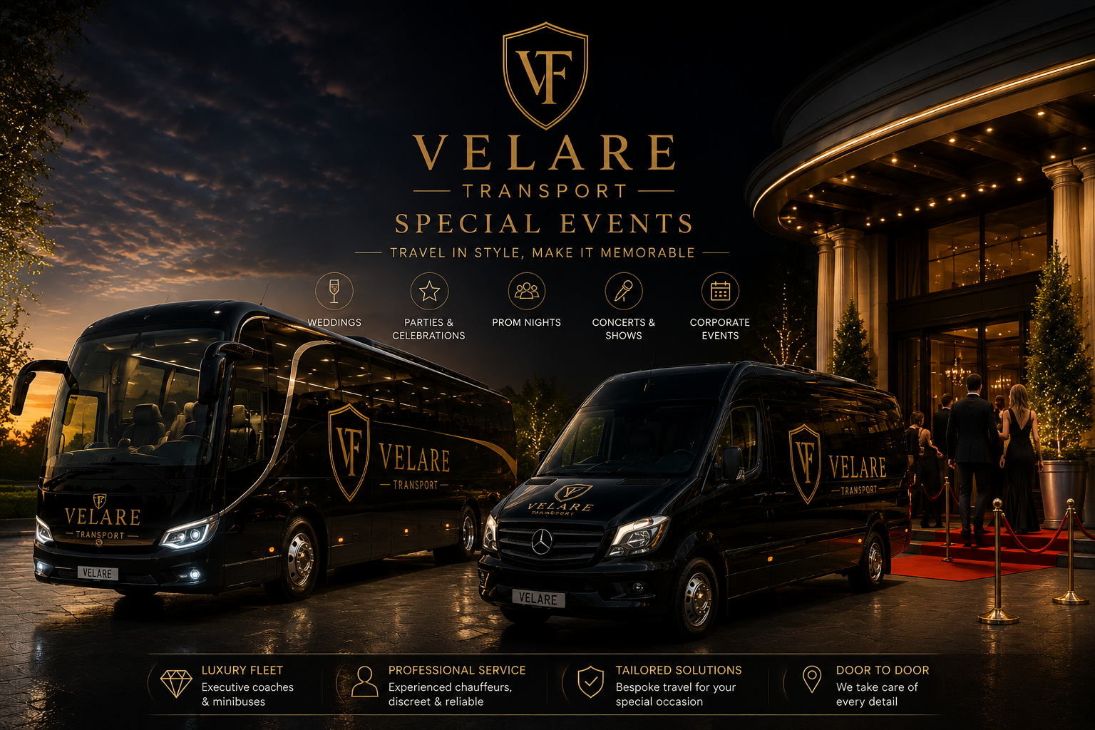 Two black luxury vans with Velare Transport logos parked outside a building at sunset, with a red carpet and people arriving for a special event.