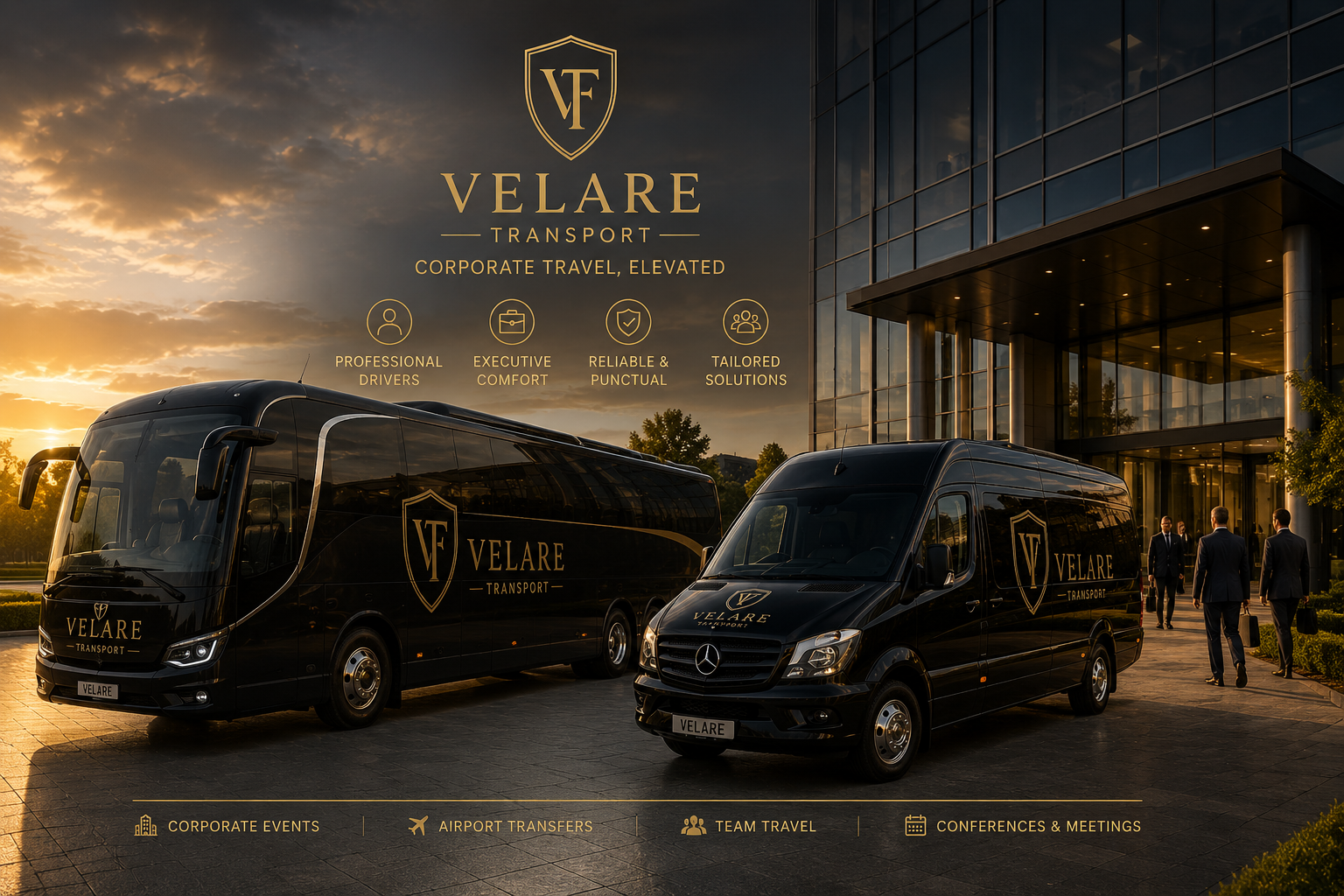 Two black luxury transport vans with Velare branding parked outside a modern glass building at sunset, with businesspeople walking nearby.