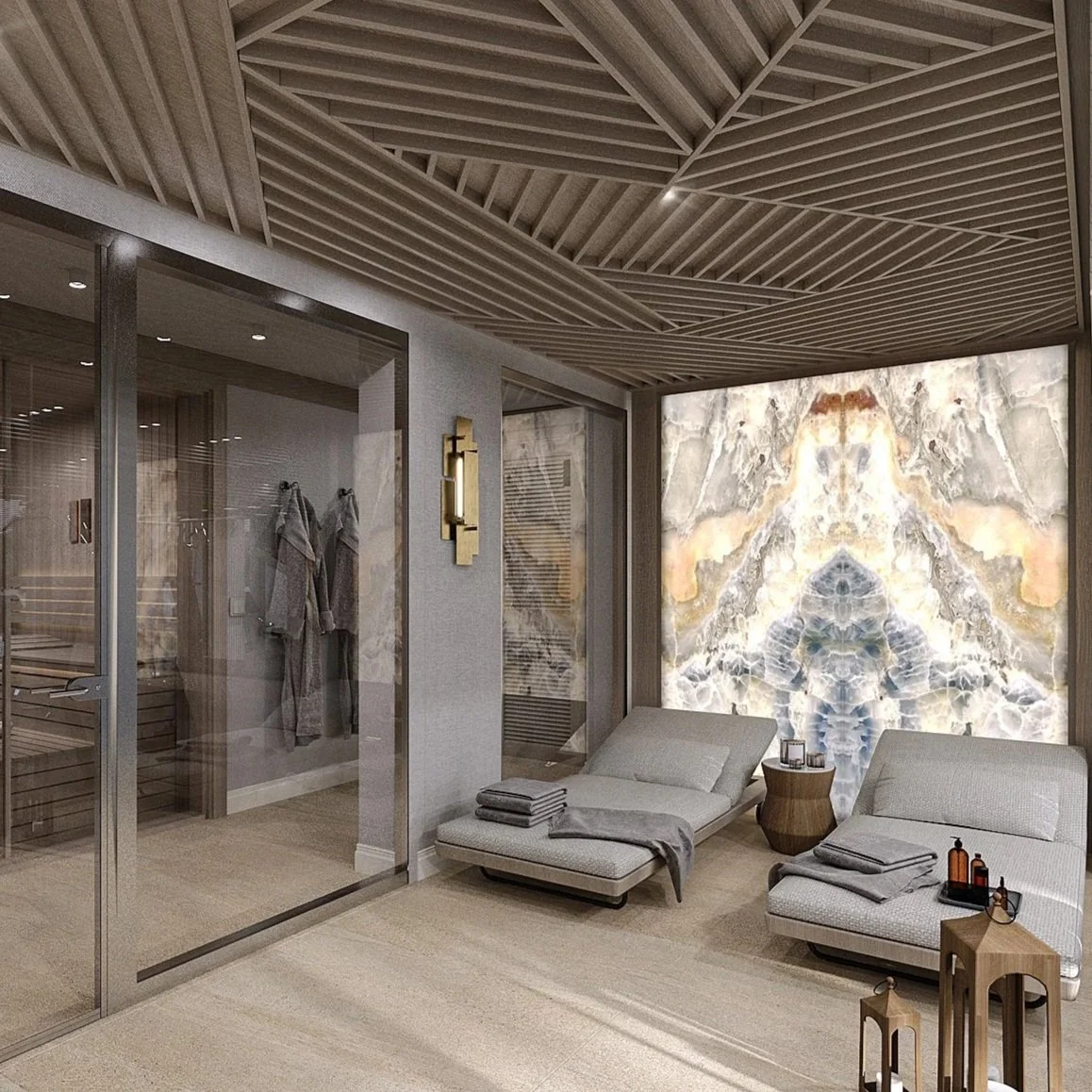 Spa or relaxation room with two lounge chairs, side tables, a backlit onyx wall, and a glass door leading to a changing area with robes.