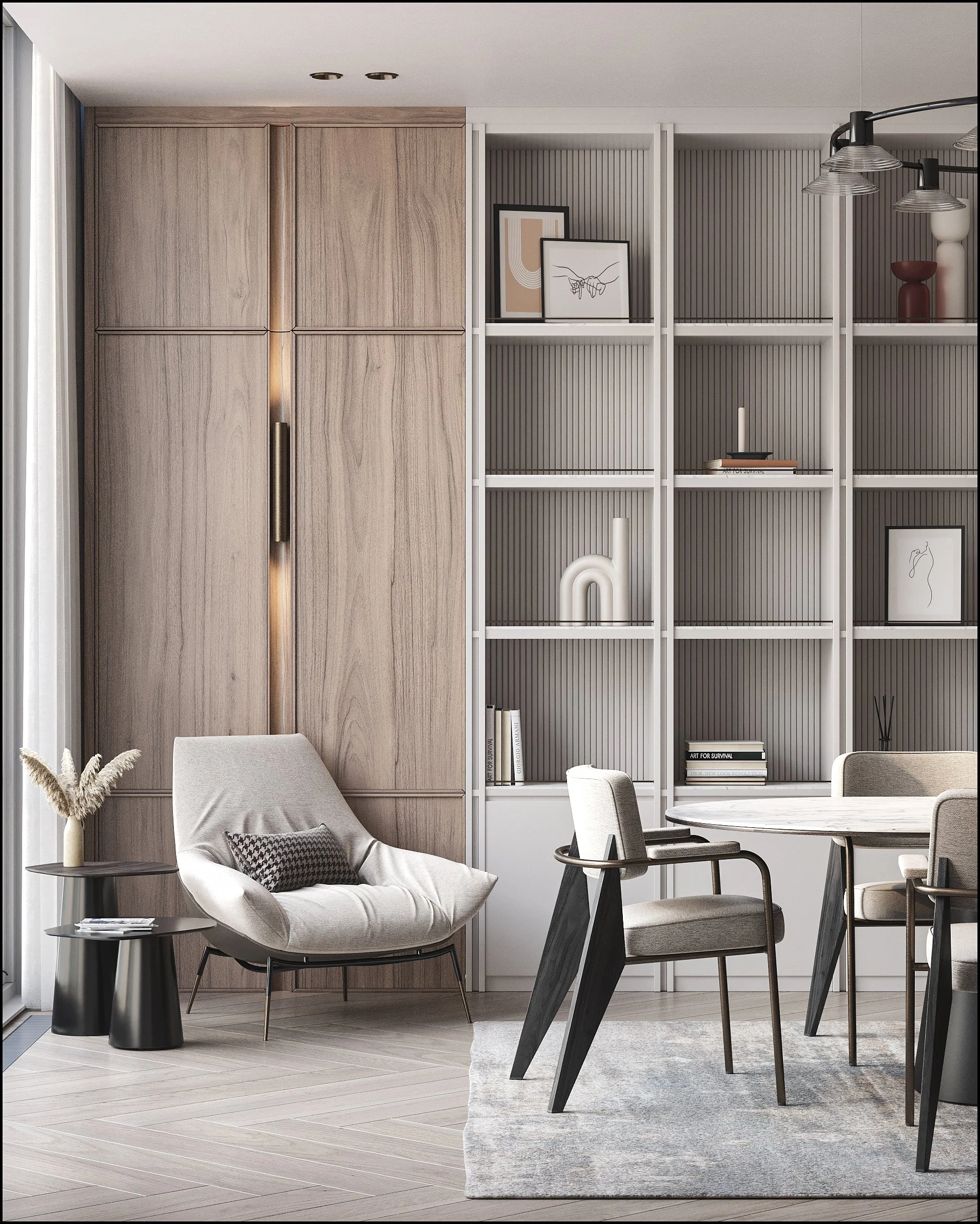 Modern living room with a beige armchair, black side tables, a round table with beige chairs, and a built-in bookshelf with framed art and decorative objects, featuring wood and neutral tones.