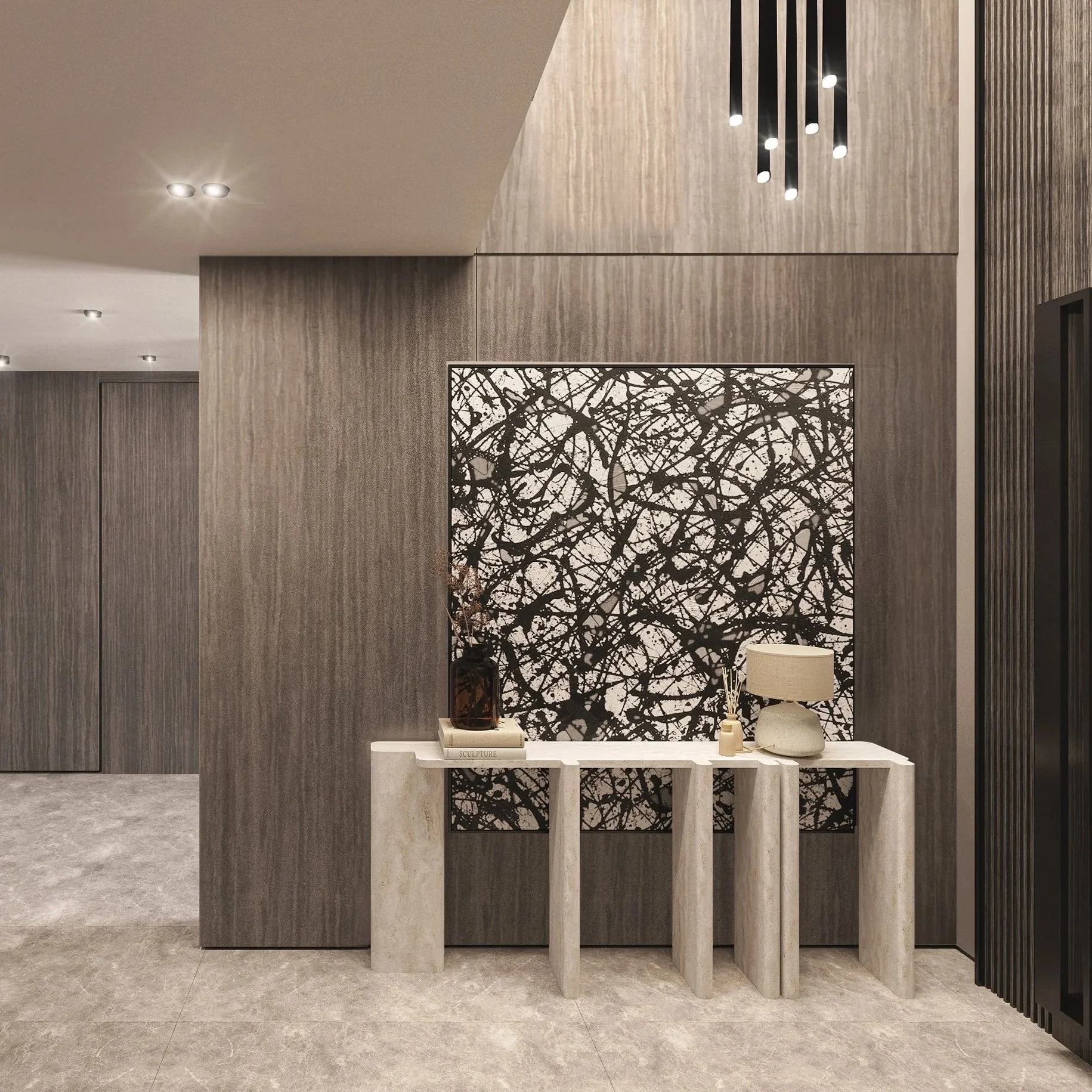 Modern interior with textured wood-paneled walls, a white marble console table, abstract black and white artwork, decorative books, a vase, and a lamp.