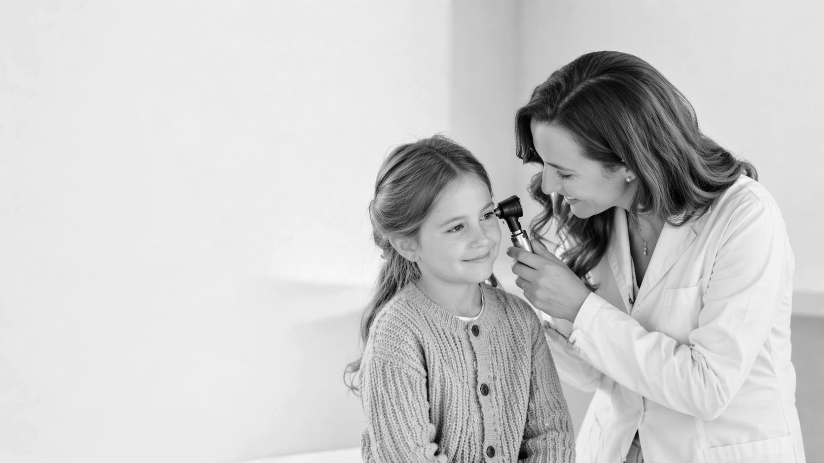 Eine Ärztin untersucht bei einer jungen Patientin mit einem Otoskop im Ohr.