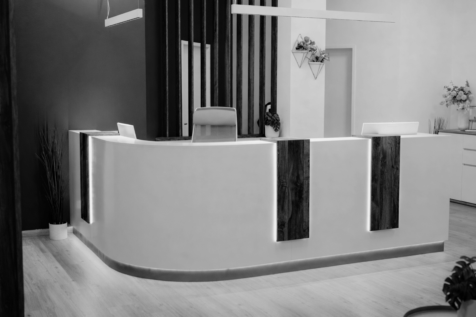 Schalter in einer Empfangshalle mit weißen und dunklen Holzdekorationen, einigen Pflanzen und Dekorationsstücken.