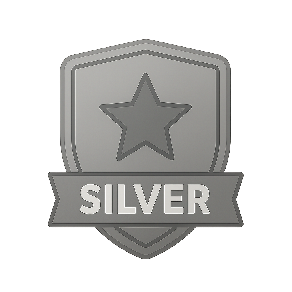A silver badge with a star at the top and the word "SILVER" written on a banner below the star.