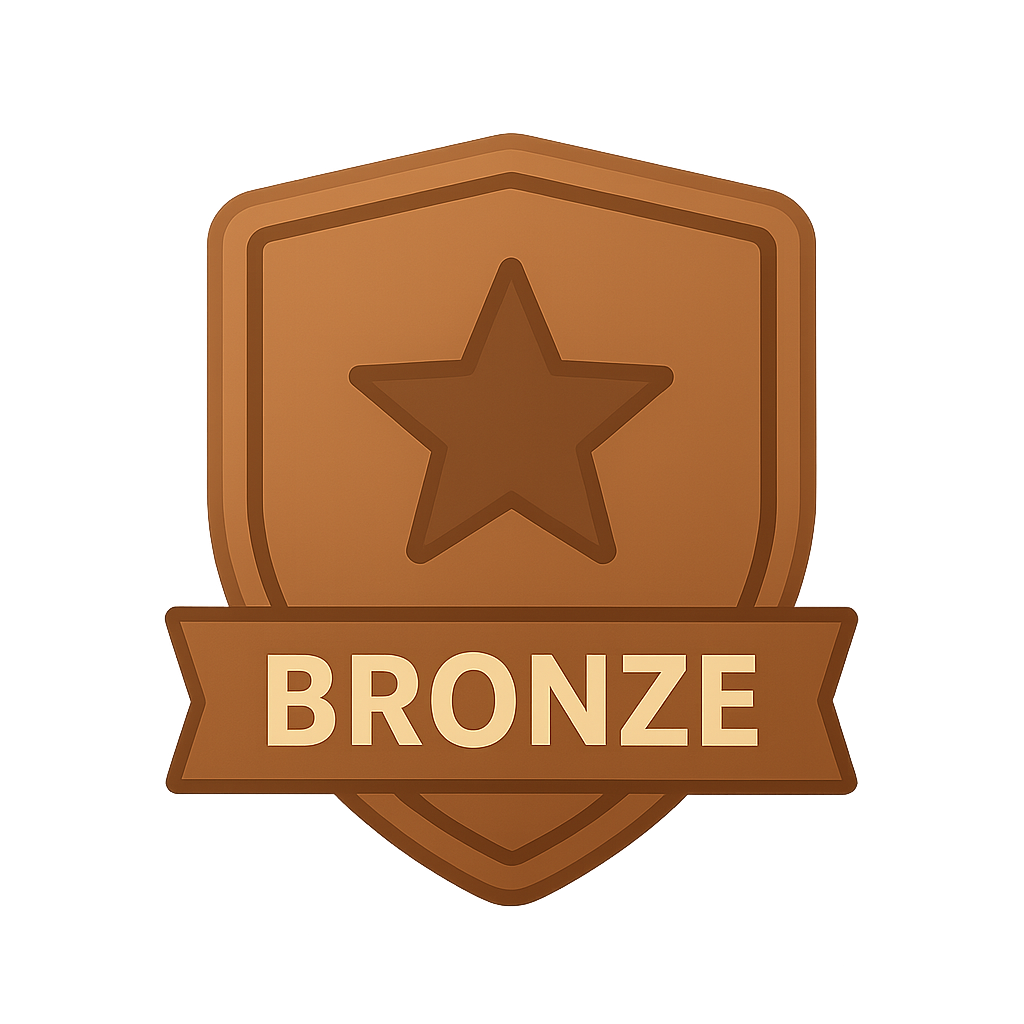 A bronze medal or badge with a star in the center and the word "BRONZE" written on a ribbon at the bottom.