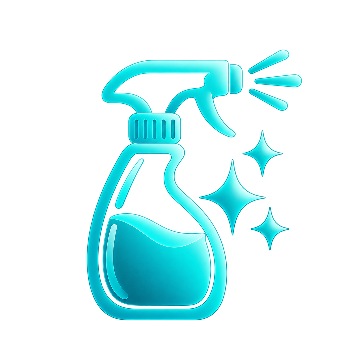 A stylized, glowing blue spray bottle with sparkles around it, representing cleaning or disinfecting.