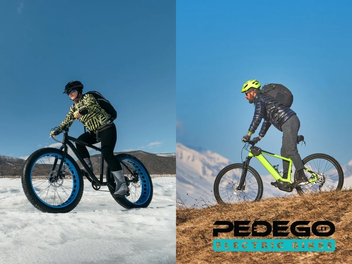 A split image shows a woman riding a mountain bike on snow on the left and a man riding an electric mountain bike on dirt with mountains in the background on the right. The right side includes a logo for Pedego Electric Bikes.