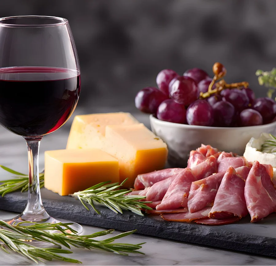 A glass of red wine, a bowl of red grapes, blocks of cheese, slices of ham, and sprigs of rosemary on a dark slate serving board.
