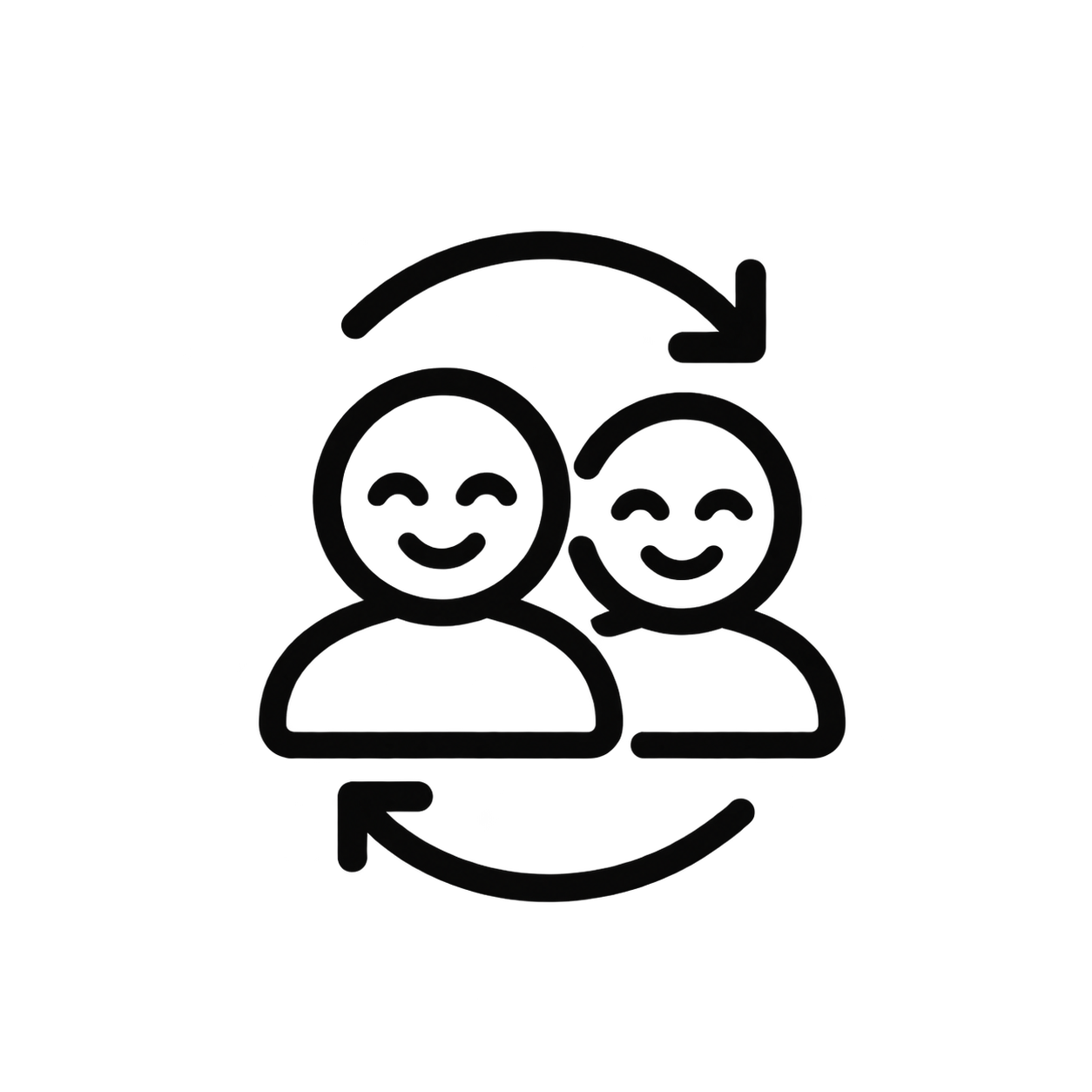 Two smiling emoji faces with arrows indicating a circular process of exchanging or sharing, symbolizing communication or connection.