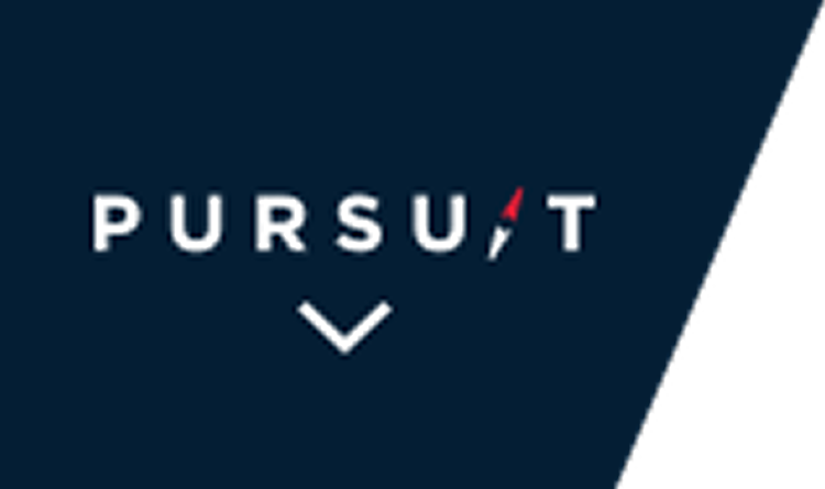 The word 'PURSUIT' with a stylized 'I' resembling a red arrow and a downward arrow underneath, on a dark background.