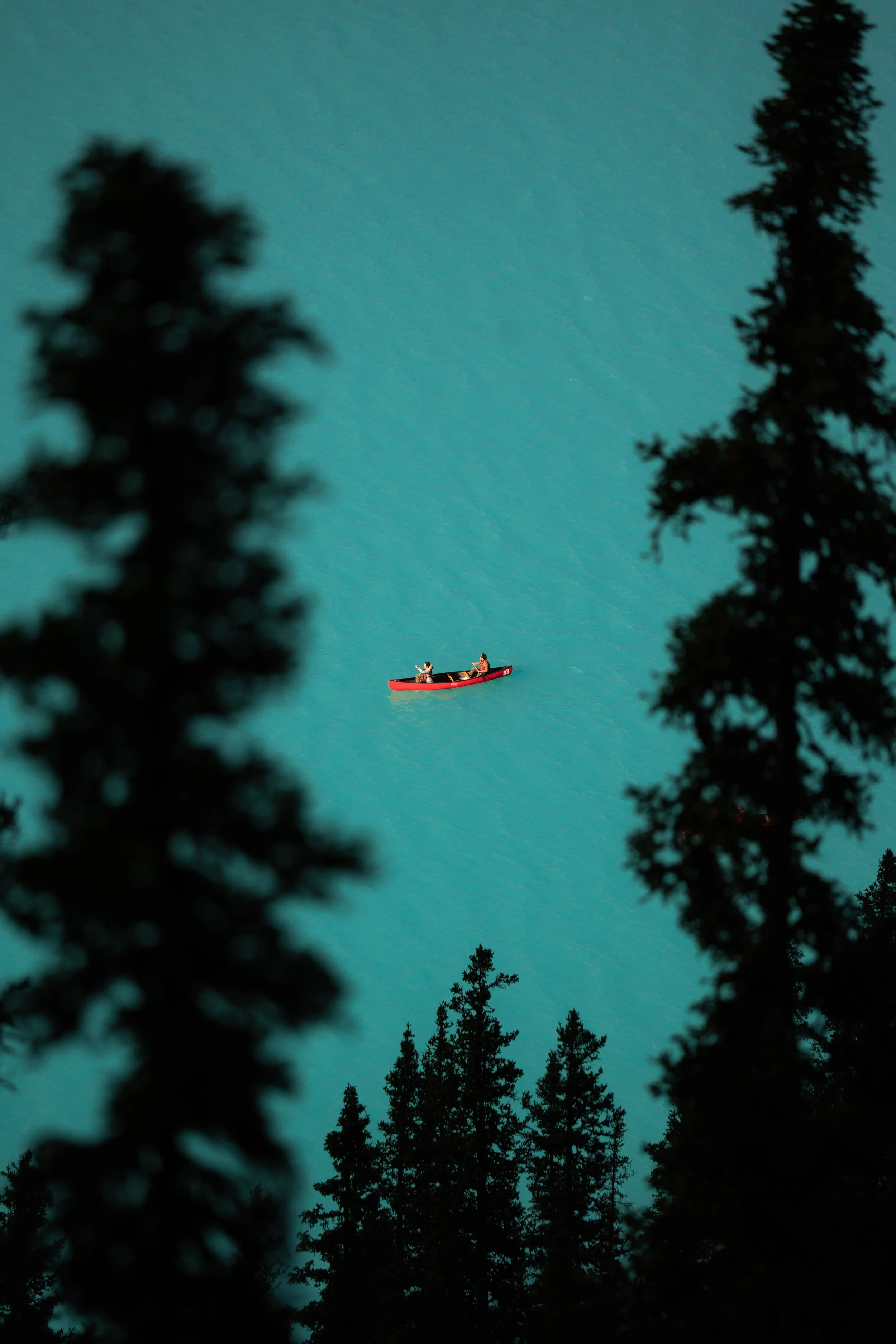 A red boat with two people on a body of water, surrounded by tall pine trees. The scene appears to be taken during nighttime or twilight.