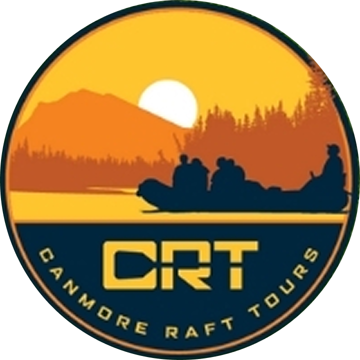 A circular logo featuring a silhouette of four people in a boat on a river, with a background of mountains, trees, and a setting sun; the text reads "BAM Under Raft Tours" and "CRT".