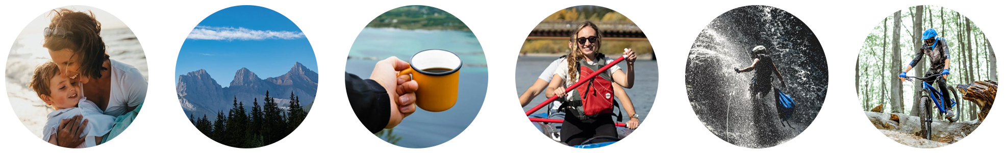 Collection of eight circular images depicting various outdoor recreational activities and nature scenes. From left to right: a mother and child smiling, mountain landscape, a hand holding a yellow mug of coffee near water, a woman in sunglasses paddling a kayak, a person kayaking, someone hiking in a rainstorm, and a person mountain biking in a forest.