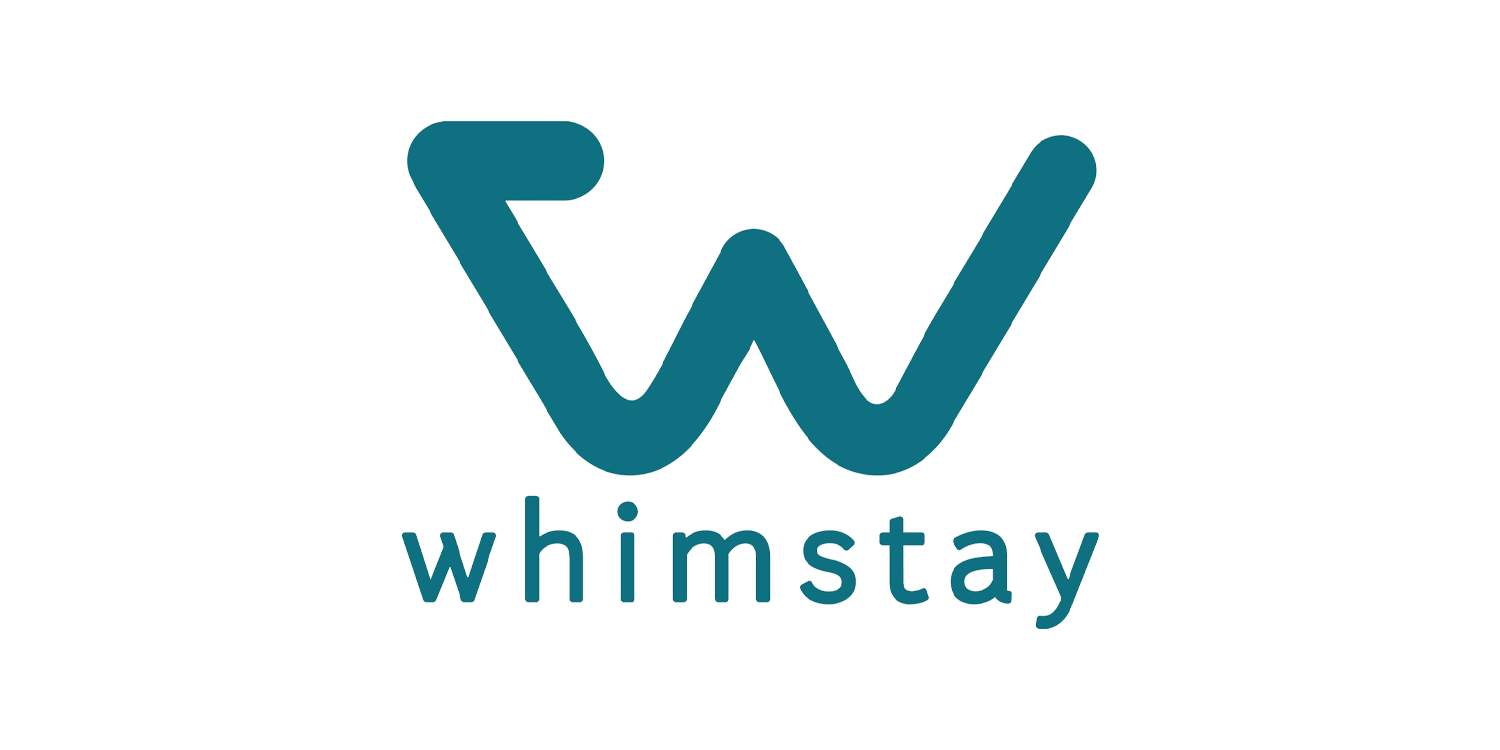 Whimstay logo with stylized 'W' and the word 'whimstay' underneath in teal color.