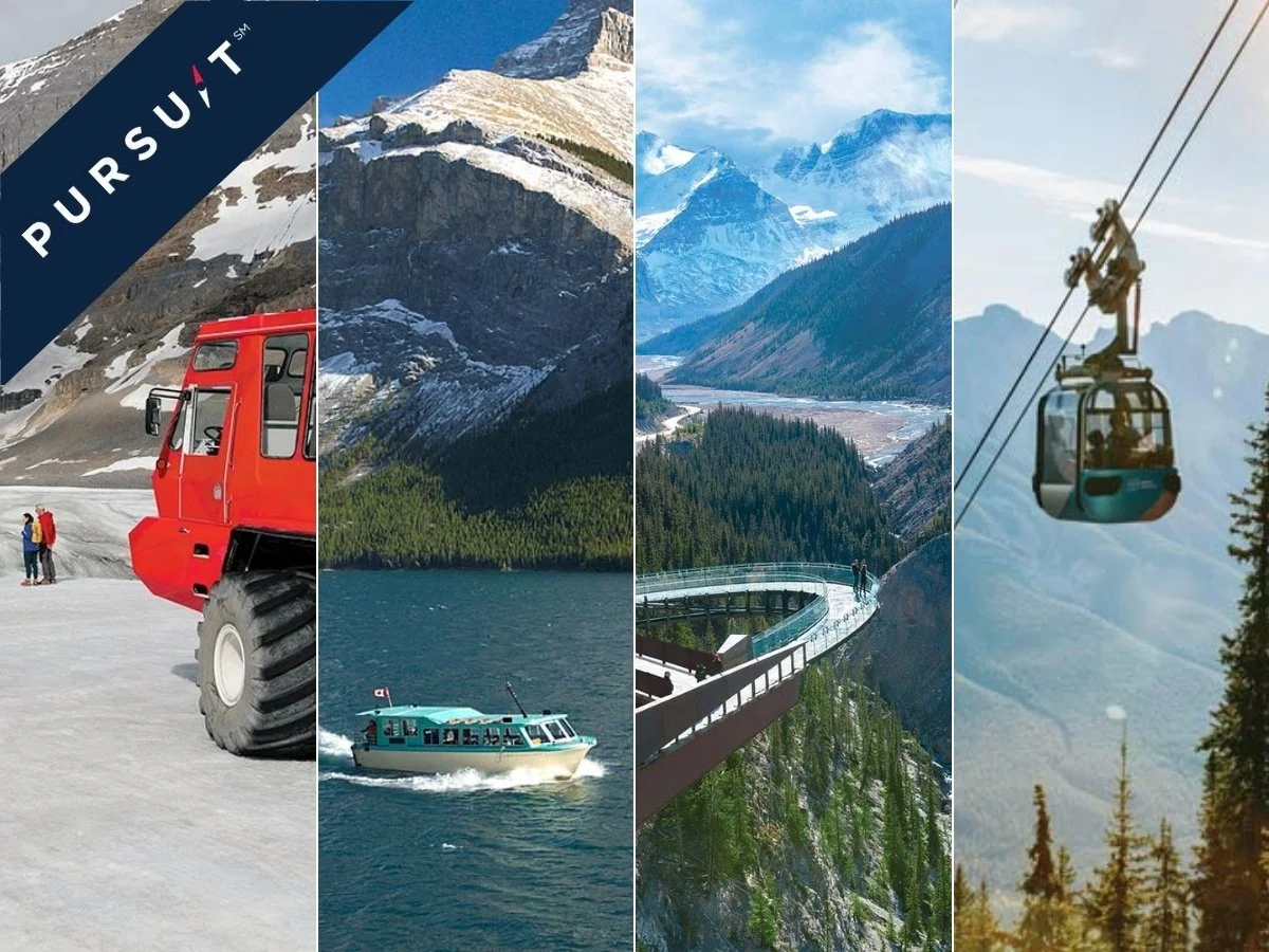 Collage of four scenic outdoor adventure images: a snow-covered mountain with a red vehicle and people, a boat on a lake surrounded by mountains, a winding bridge over a mountain landscape, and a cable car in the mountains.