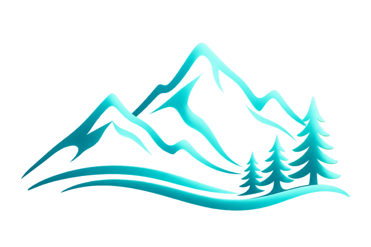 Illustration of a mountain landscape with snow-capped peaks and pine trees.