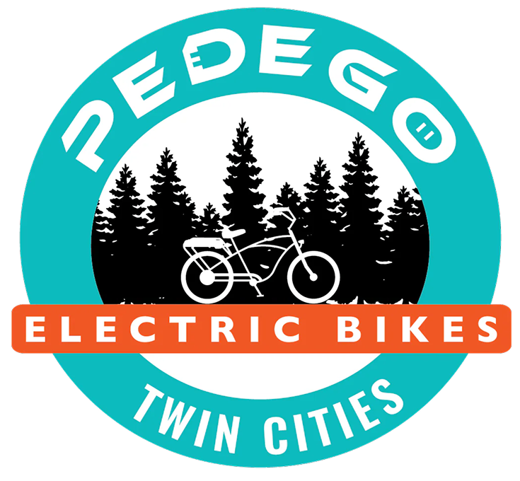 Logo for Pedego Twin Cities Electric Bikes featuring a bicycle silhouette with a forest of pine trees in the background, surrounded by a cyan circle with the words "Pedego Twin Cities," and an orange banner reading "Electric Bikes."
