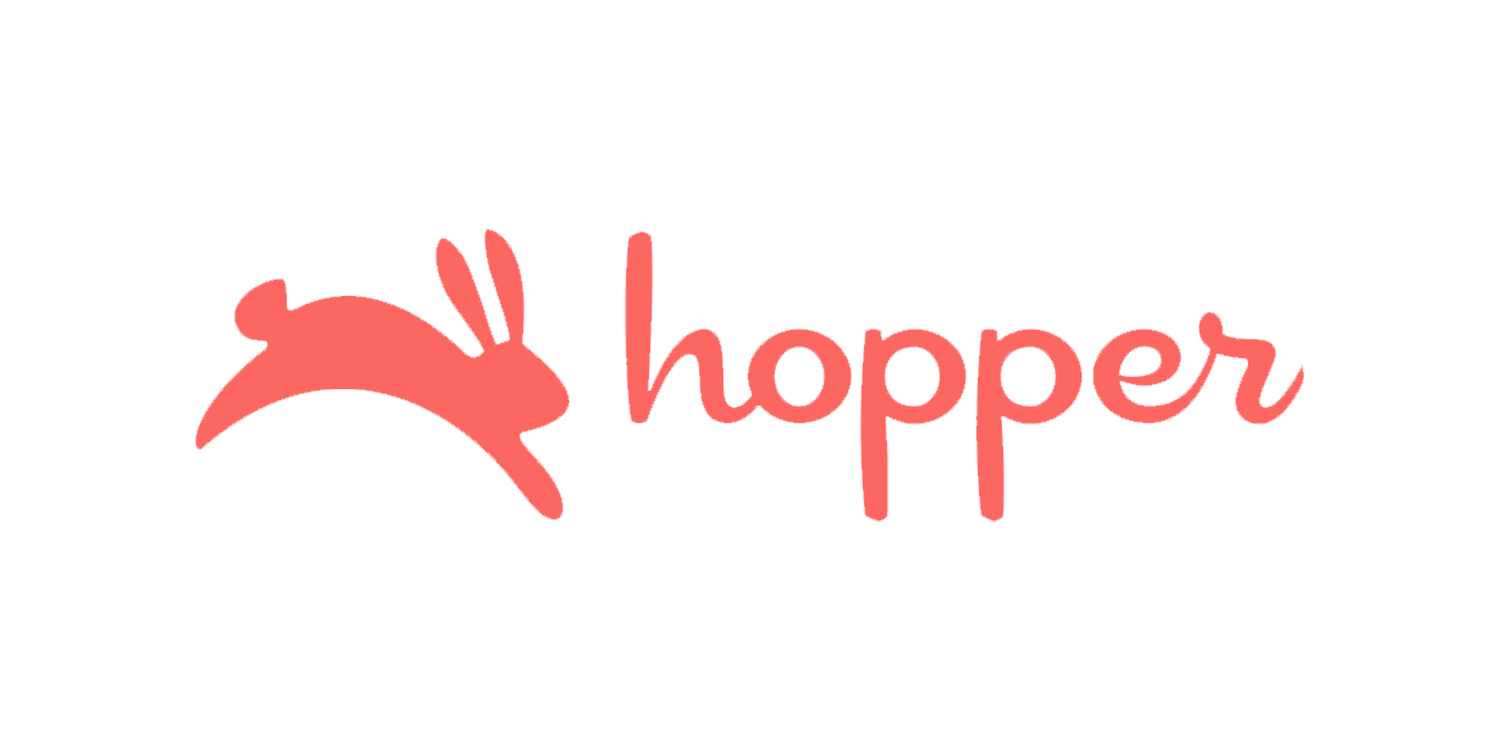 Pink logo with a rabbit silhouette and the word 'hopper' in lowercase, cursive font.