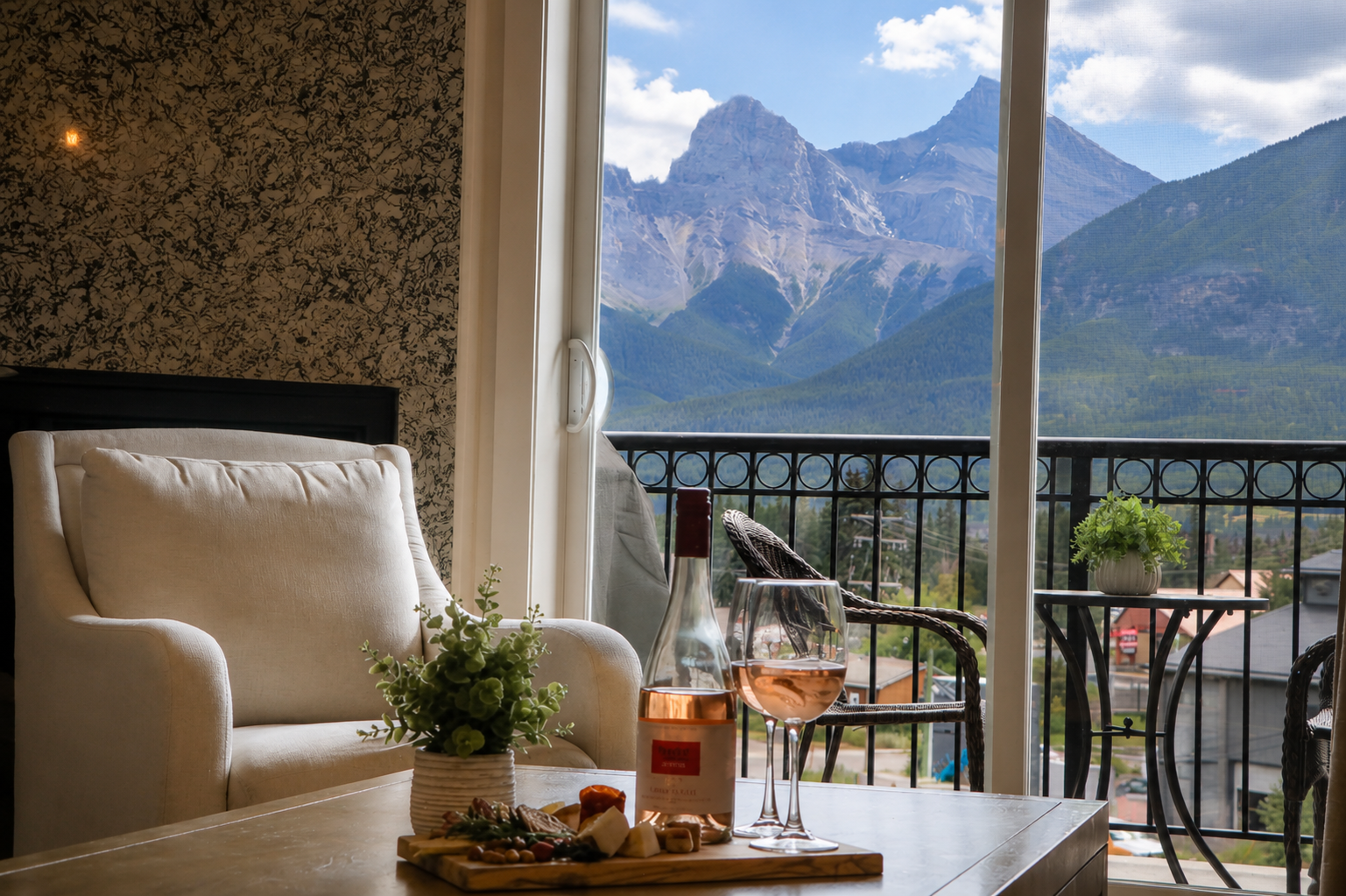 Living room with fireplace, beige sofa with pillows, wooden coffee table with wine glasses and cheese platter, armchair, mountain view through sliding glass door, and wall clock.