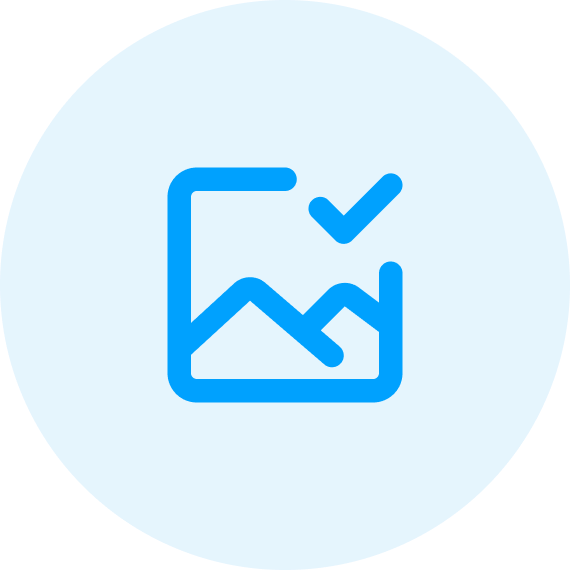 Blue circle icon with a white checkmark and a line chart inside a folder.