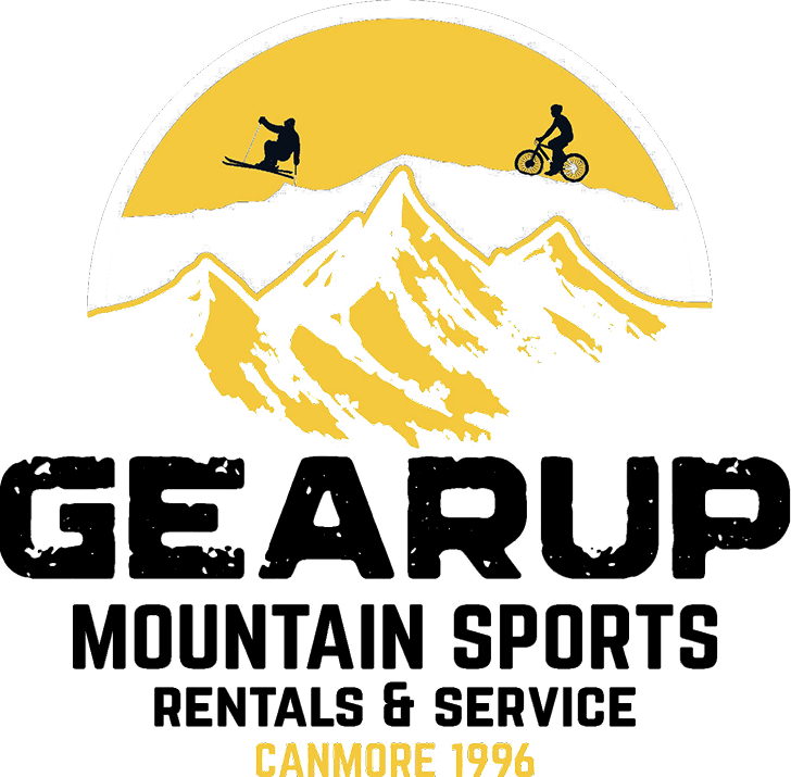 Mountains with silhouettes of a skier and a mountain biker on top, and the text "Gear Up Mountain Sports Rentals & Service Canmore 1996" below.