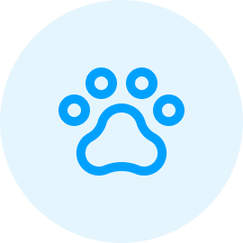 Blue circle with a faint paw print icon in the center.