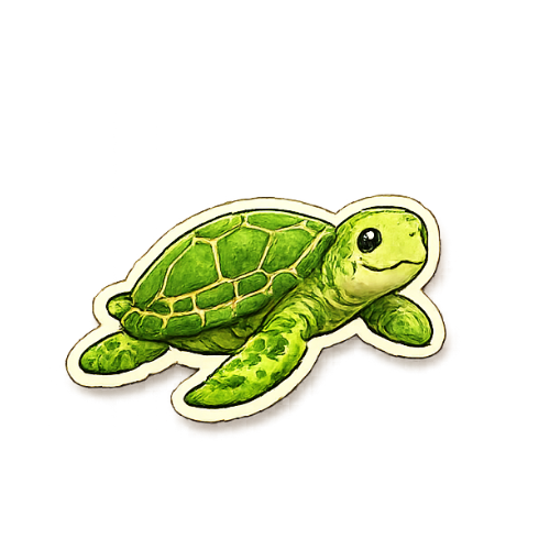 Illustration of a green turtle with a detailed shell and smiling face.