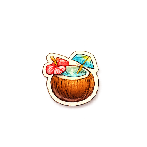 Illustration of a coconut drink with a straw, a small umbrella, and a fruit slice garnish.