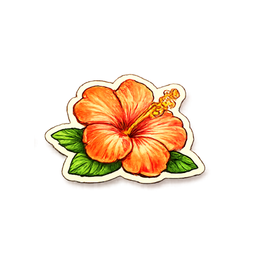 Illustration of an orange hibiscus flower with green leaves.