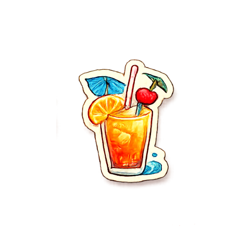 Sticker of a tropical cocktail glass with a blue umbrella, orange slice, cherry, and straw, on a brown background.