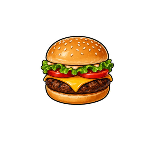 Illustration of a cheeseburger with lettuce, tomato, cheese, and a beef patty in a sesame seed bun.