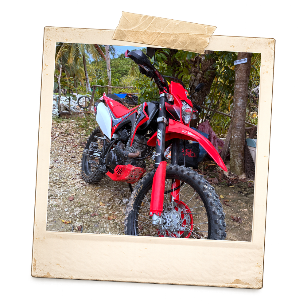 A red Honda dirt bike parked on a dirt path with trees and foliage in the background.