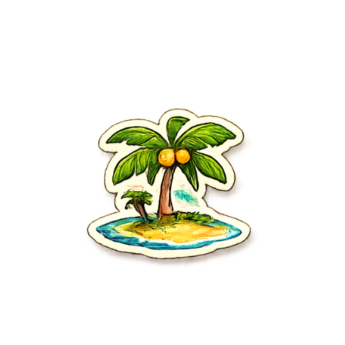 Sticker of a small tropical island with a palm tree and two coconuts, surrounded by water.