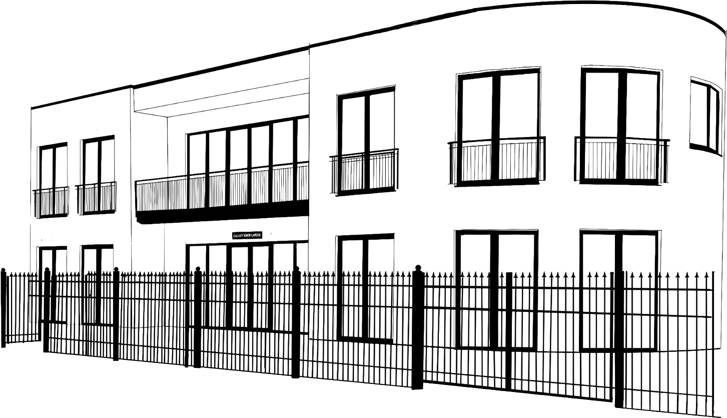 Outline of a multi-story residential building with balconies and a wrought iron fence in front I Svend Kindt-Larsen I Abstract Artist I Copenhagen, Denmark