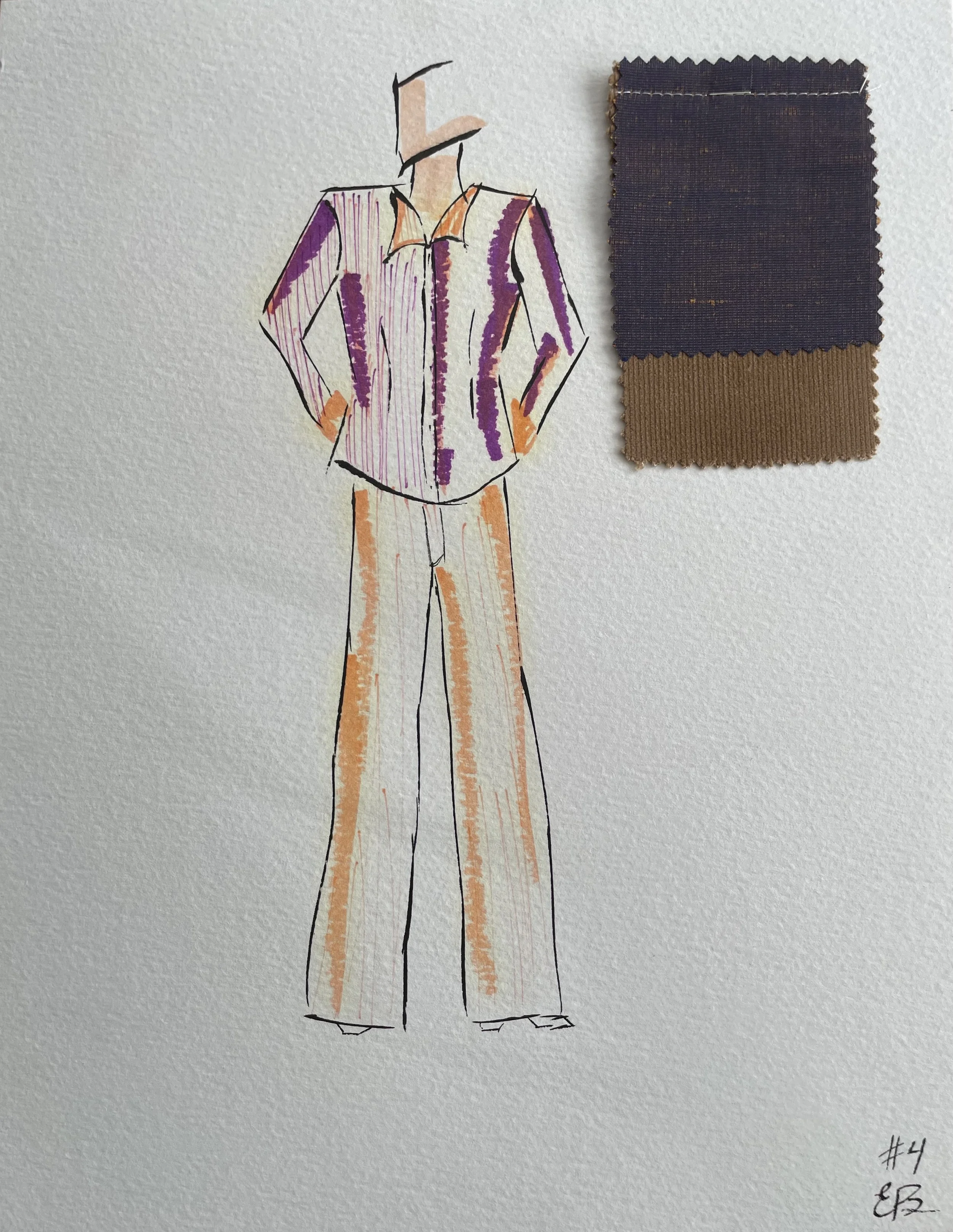 Hand-drawn fashion illustration of a striped blouse and wide-leg pants, with fabric swatches of dark purple and brown attached to the paper.