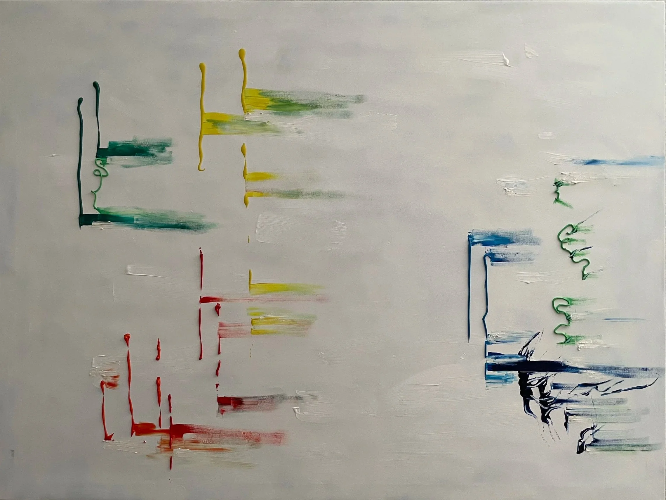 Abstract painting with colorful brushstrokes in green, yellow, red, blue, and white on an off-white background.