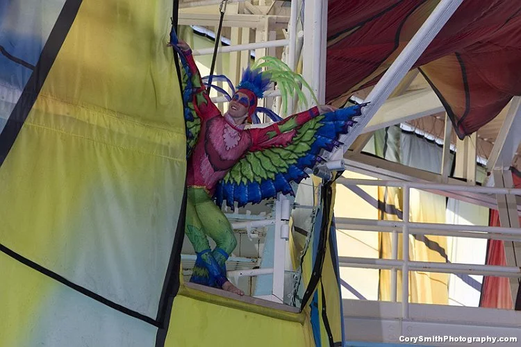 A colorful performer in a vibrant costume with large wings, standing on a platform of a stage, surrounded by fabric and structural elements.